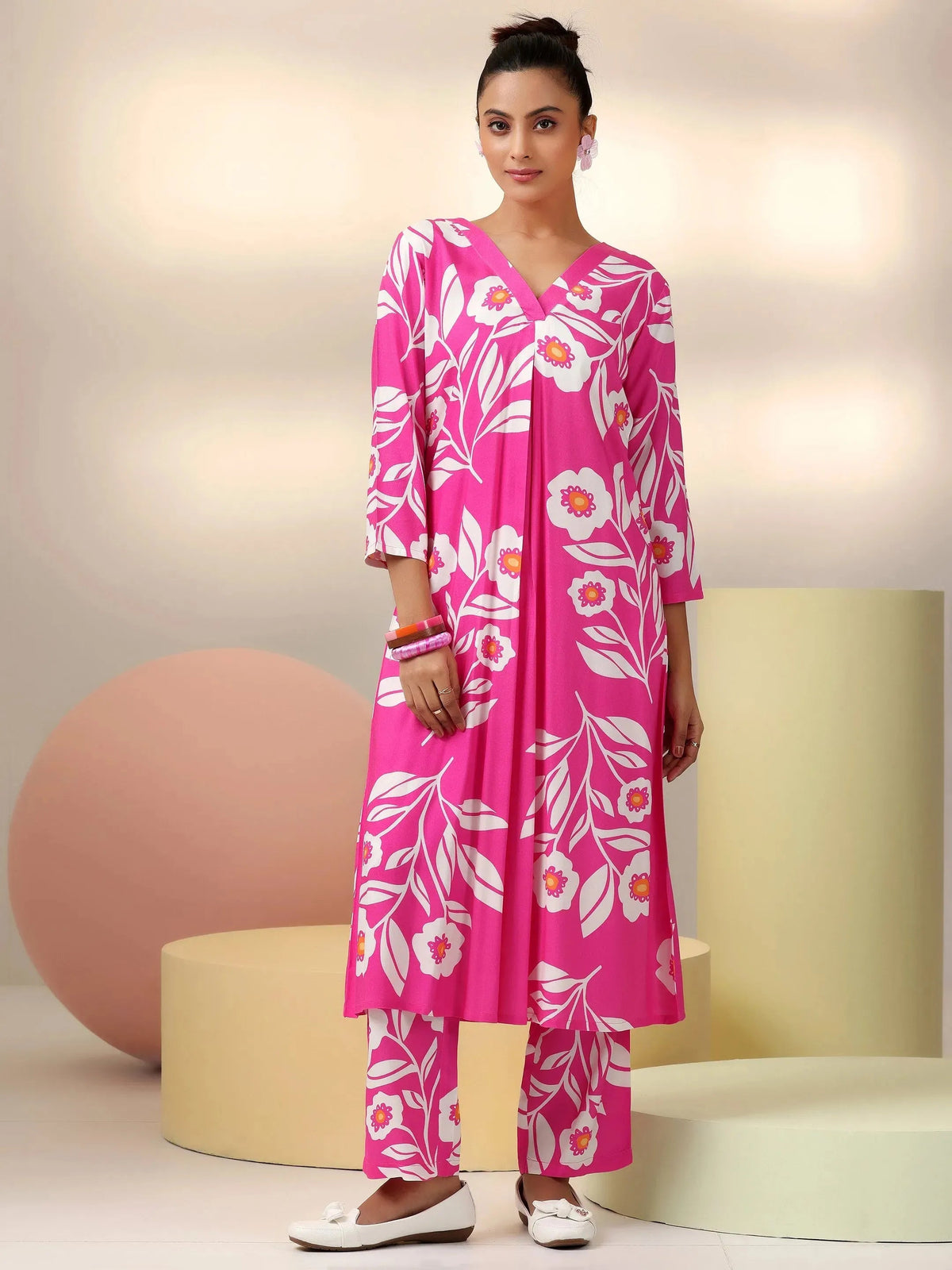Libas Pink Printed Silk Blend Co-Ords