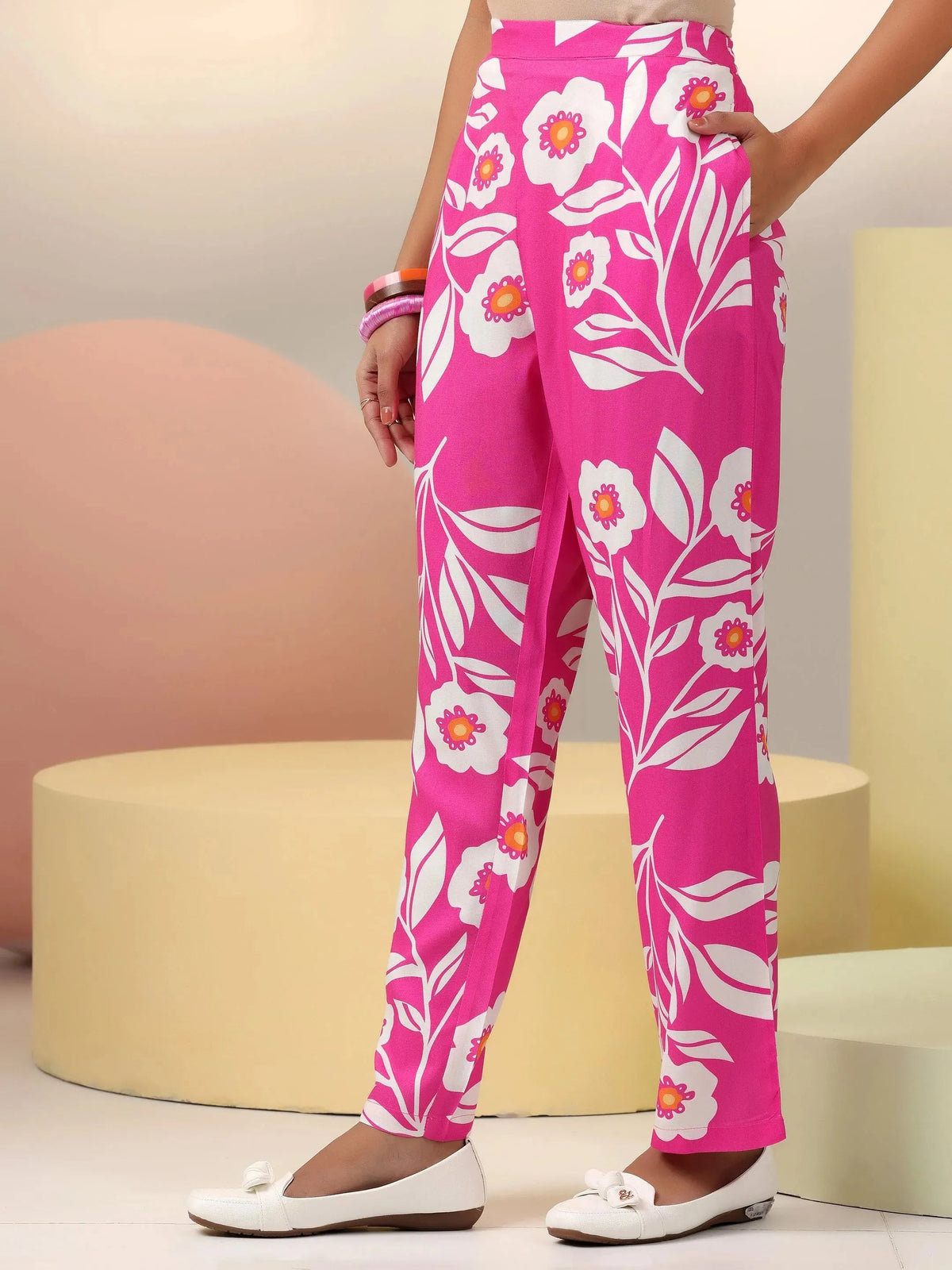 Libas Pink Printed Silk Blend Co-Ords