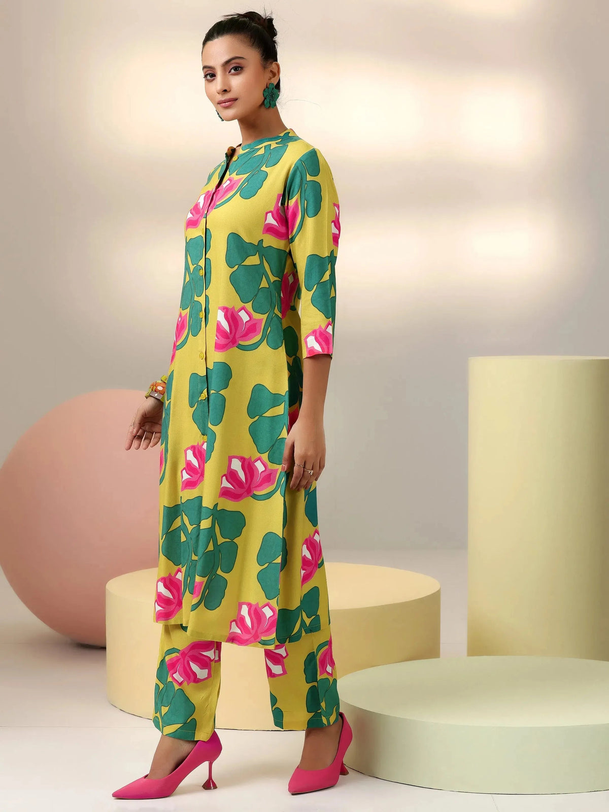 Libas Lime Printed Silk Blend Co-Ords