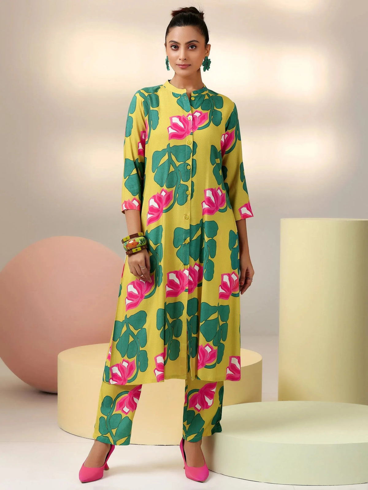 Libas Lime Printed Silk Blend Co-Ords
