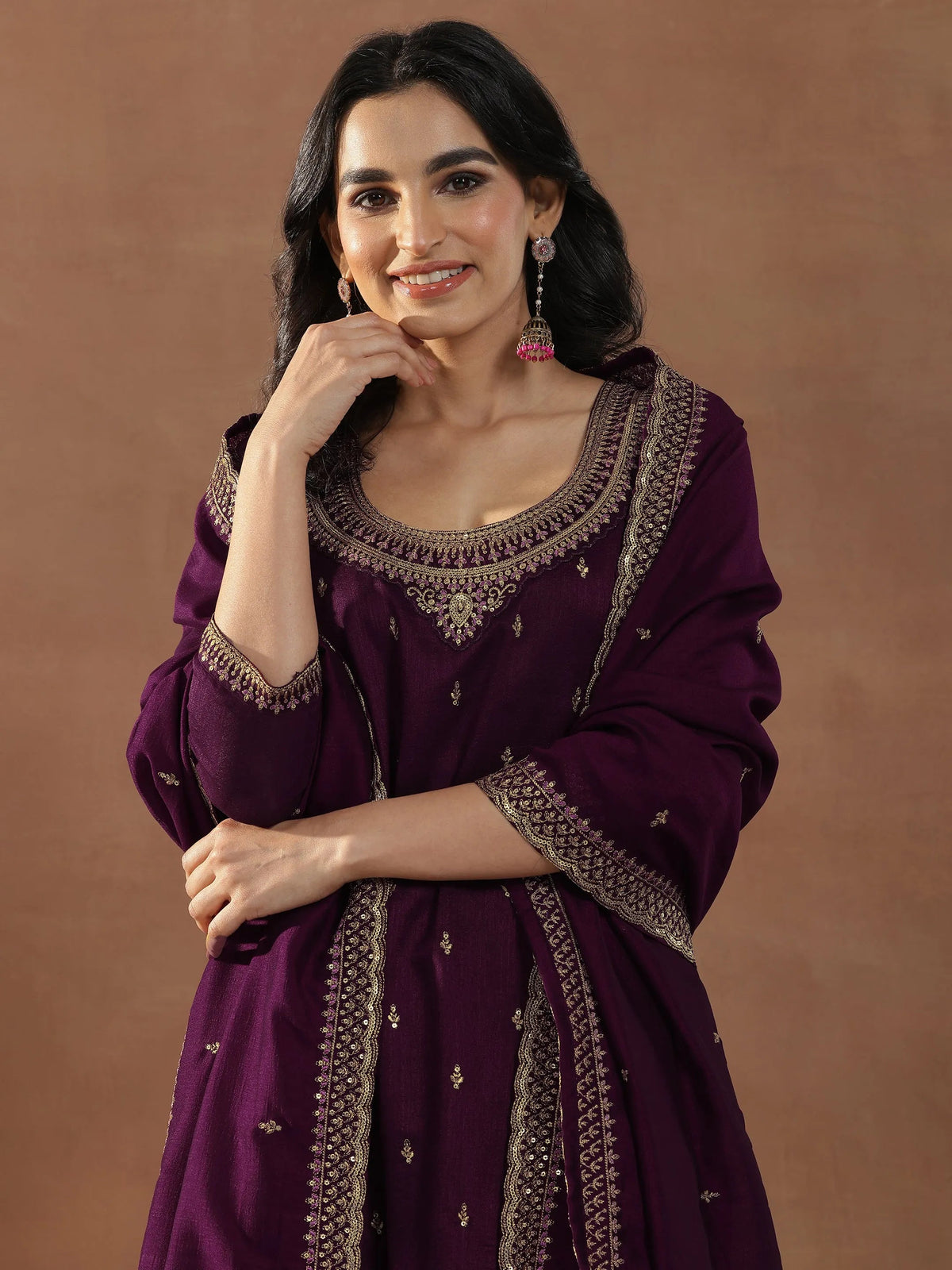 Libas Burgundy Embroidered Silk Blend Straight Sharara Suit Set With Dupatta