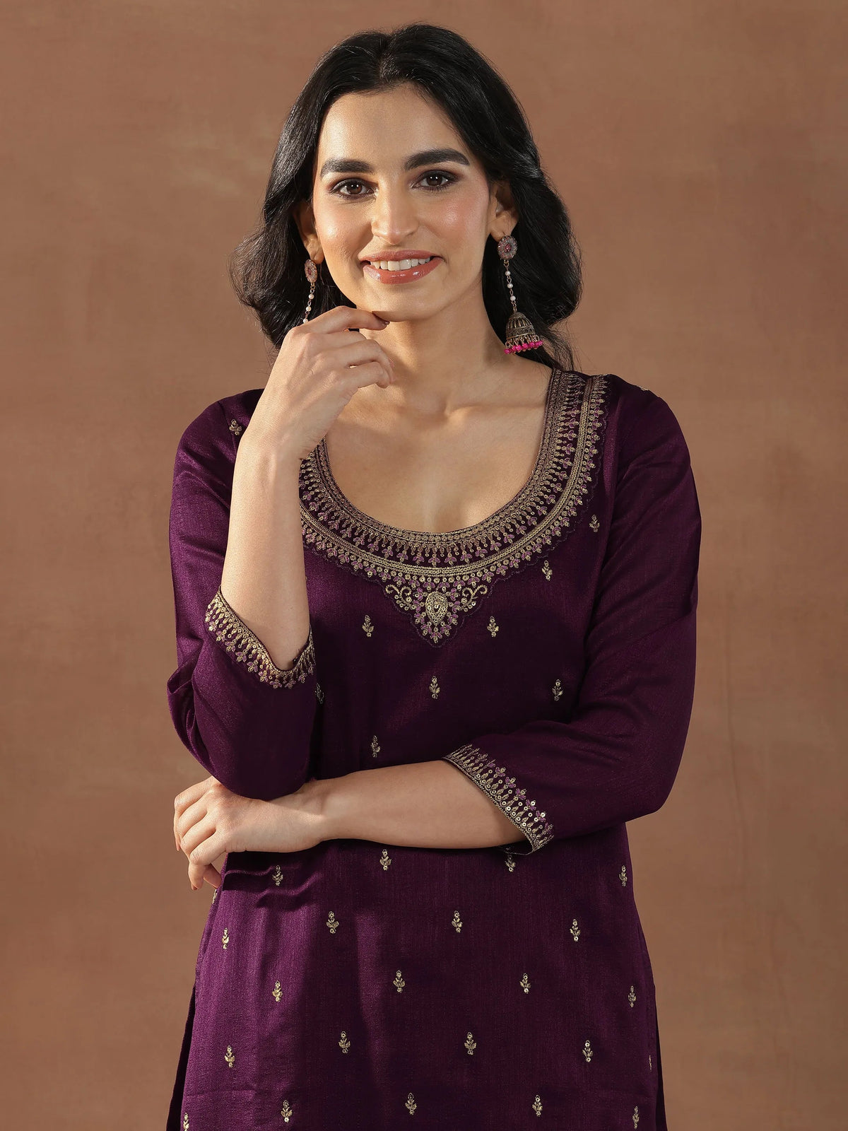 Libas Burgundy Embroidered Silk Blend Straight Sharara Suit Set With Dupatta