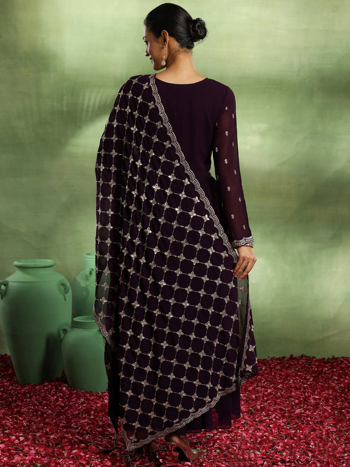 Libas Purple Embroidered Georgette Anarkali Suit With Dupatta