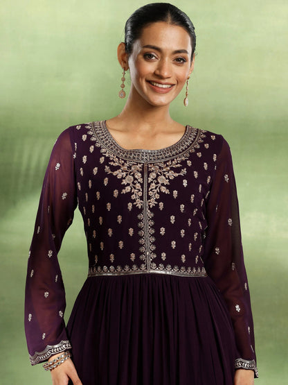 Libas Purple Embroidered Georgette Anarkali Suit With Dupatta