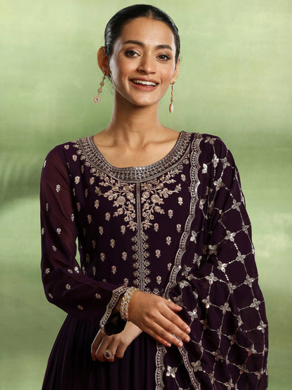 Libas Purple Embroidered Georgette Anarkali Suit With Dupatta