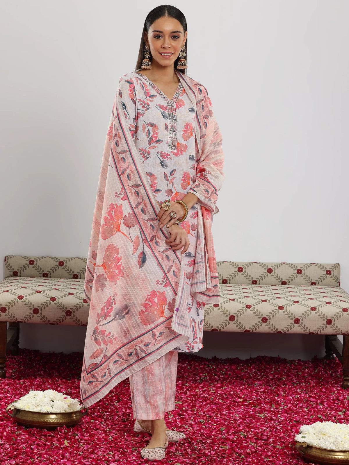 Libas Off White Printed Cotton Blend Straight Suit With Dupatta