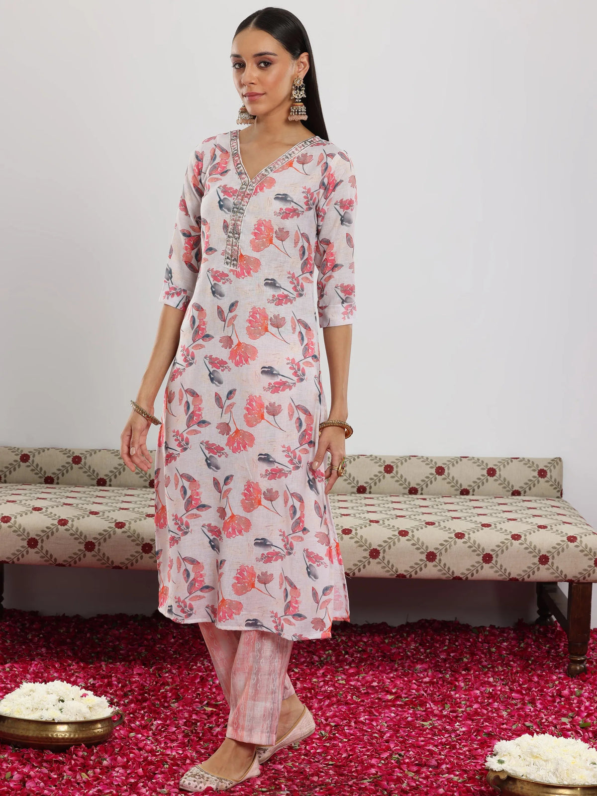Libas Off White Printed Cotton Blend Straight Suit With Dupatta