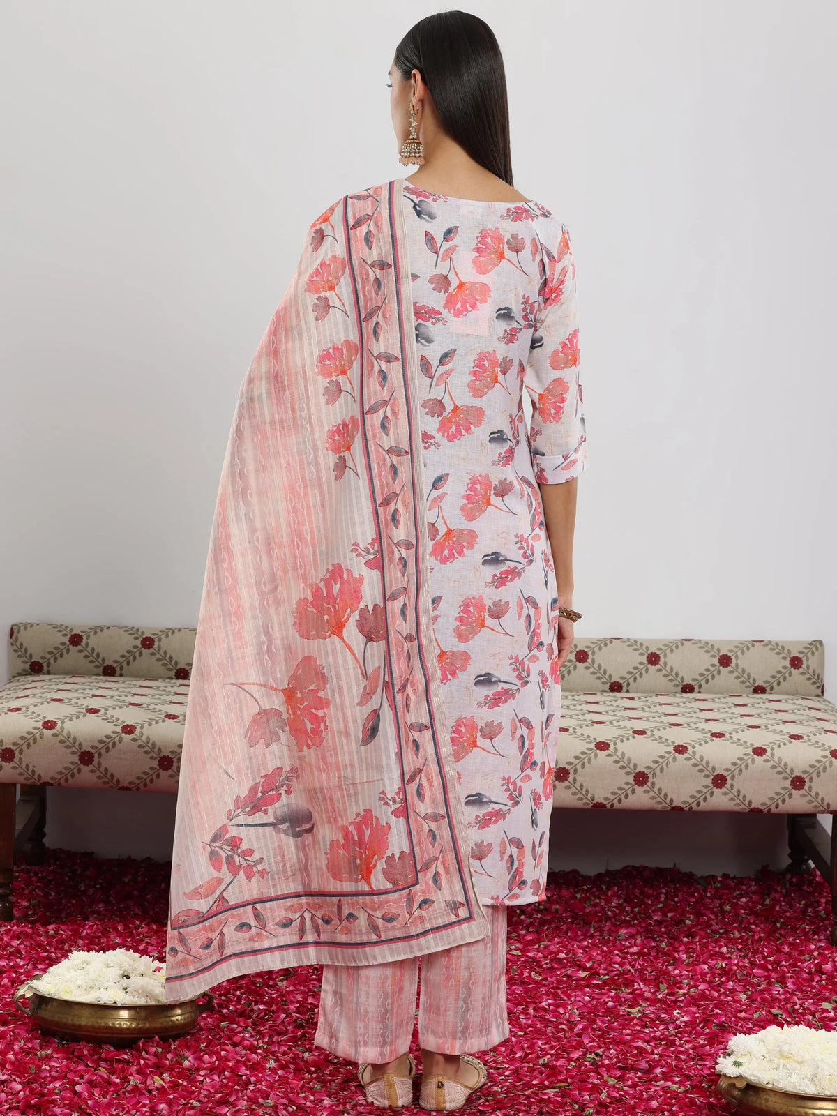 Libas Off White Printed Cotton Blend Straight Suit With Dupatta