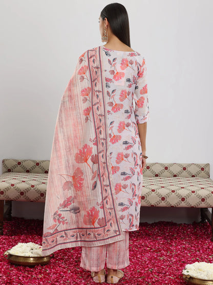 Libas Off White Printed Cotton Blend Straight Suit With Dupatta