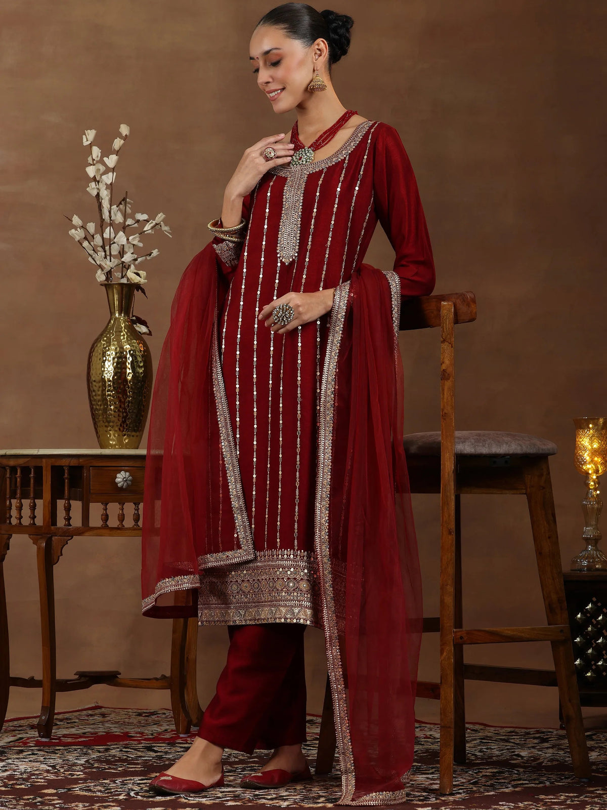 Libas Maroon Embroidered Silk Blend Straight Suit With Dupatta