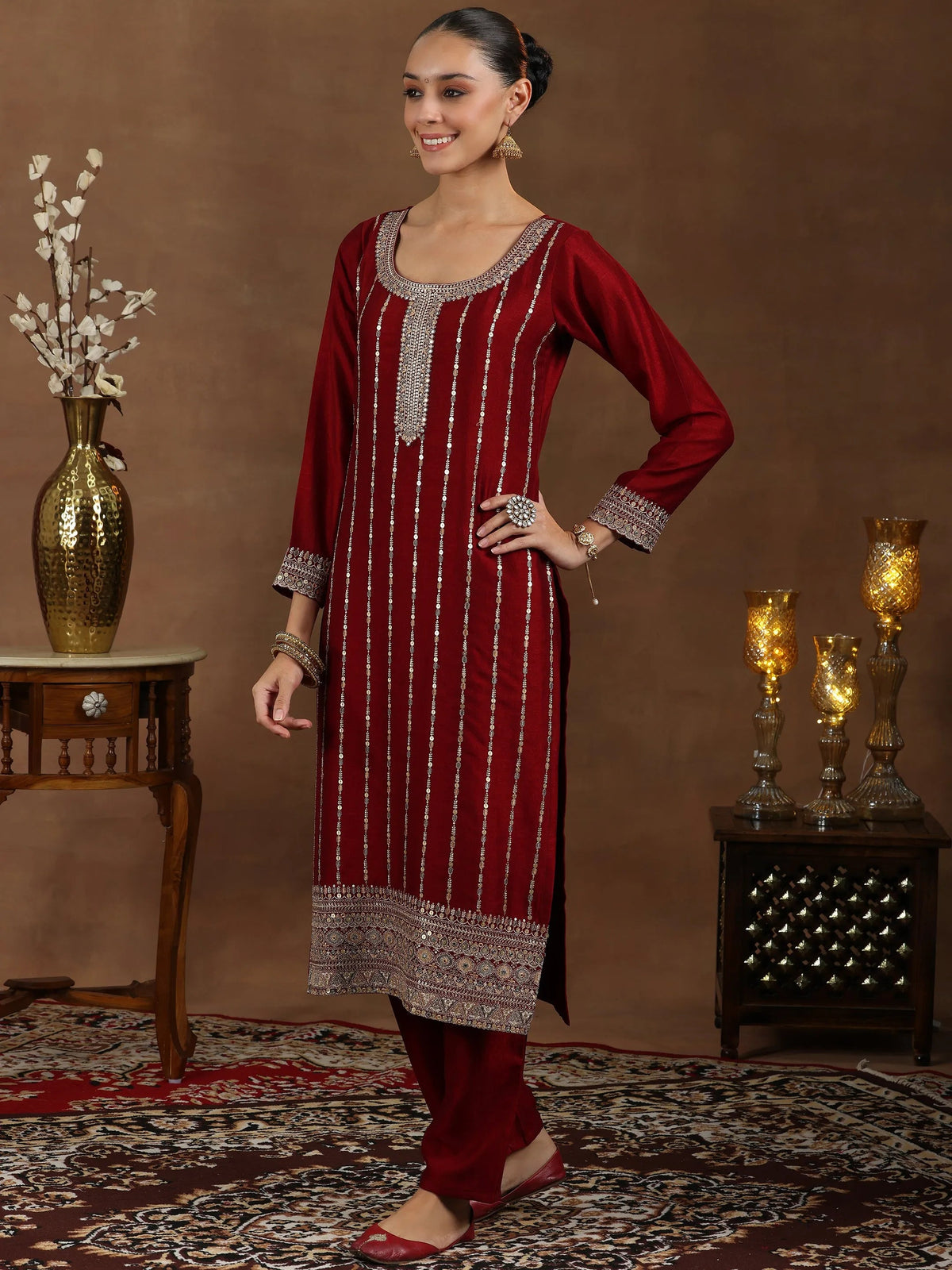 Libas Maroon Embroidered Silk Blend Straight Suit With Dupatta
