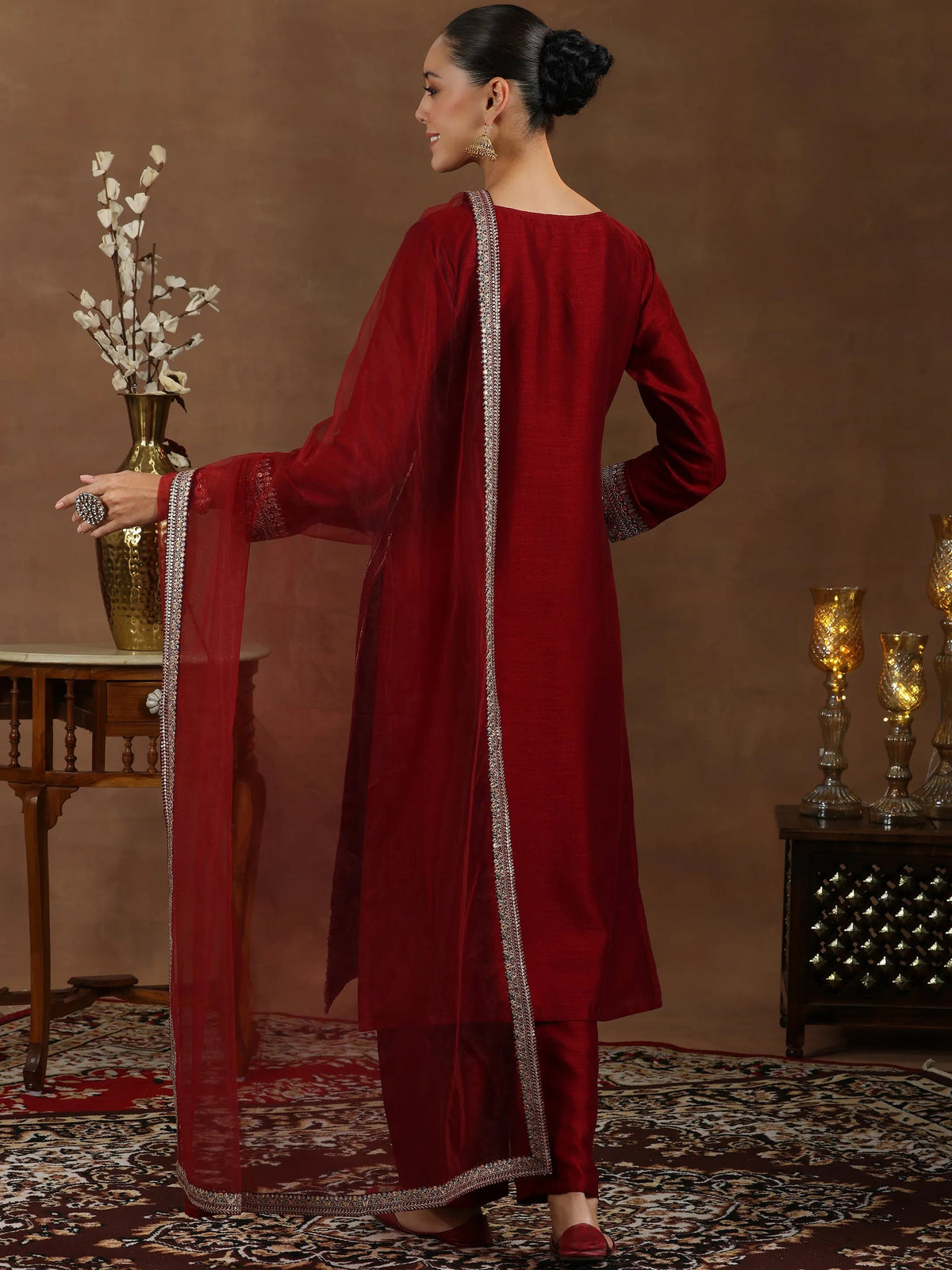 Libas Maroon Embroidered Silk Blend Straight Suit With Dupatta