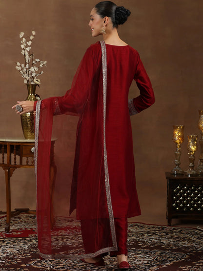 Libas Maroon Embroidered Silk Blend Straight Suit With Dupatta