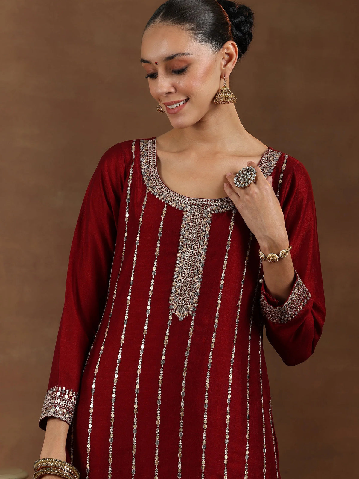 Libas Maroon Embroidered Silk Blend Straight Suit With Dupatta