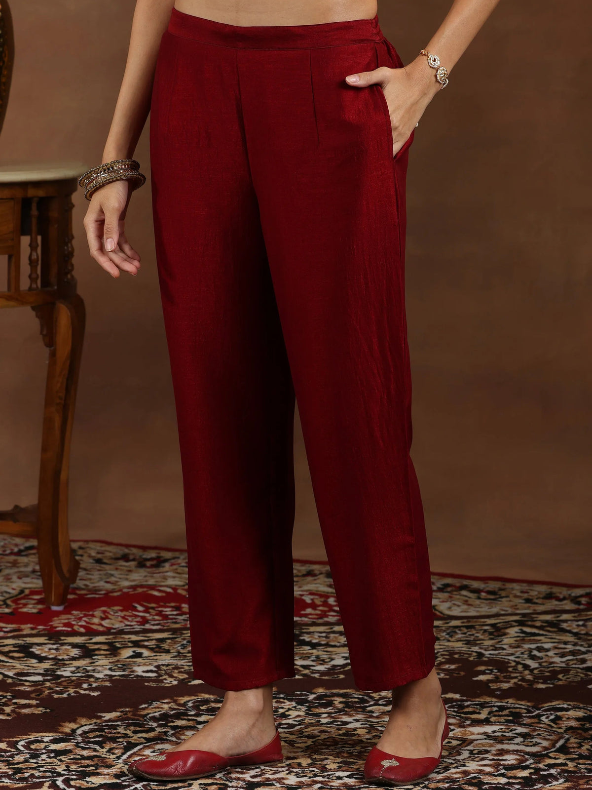 Libas Maroon Embroidered Silk Blend Straight Suit With Dupatta