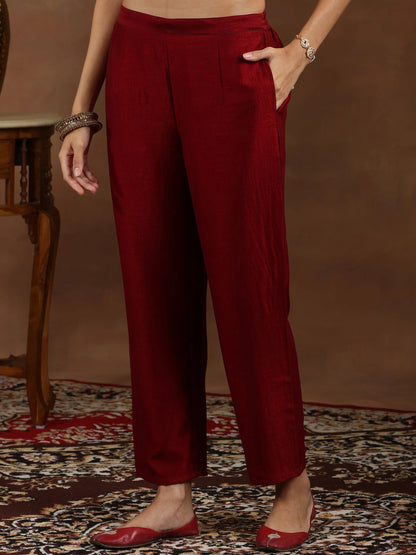 Libas Maroon Embroidered Silk Blend Straight Suit With Dupatta