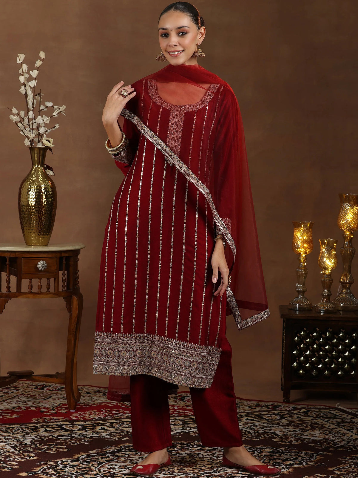 Libas Maroon Embroidered Silk Blend Straight Suit With Dupatta