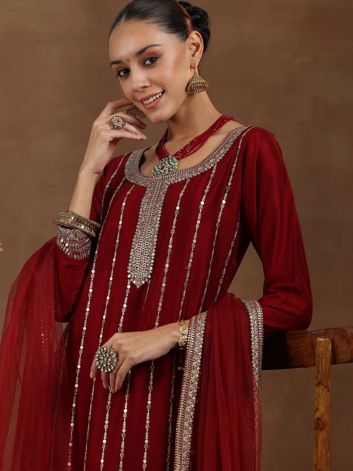 Libas Maroon Embroidered Silk Blend Straight Suit With Dupatta