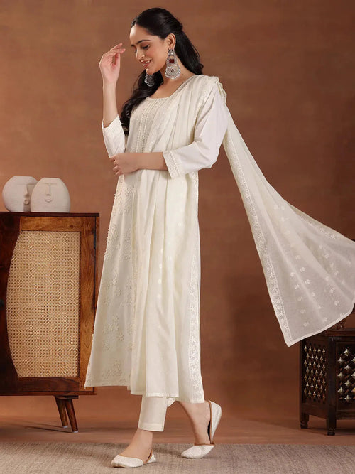 Libas Off White Embroidered Cotton Straight Suit With Dupatta