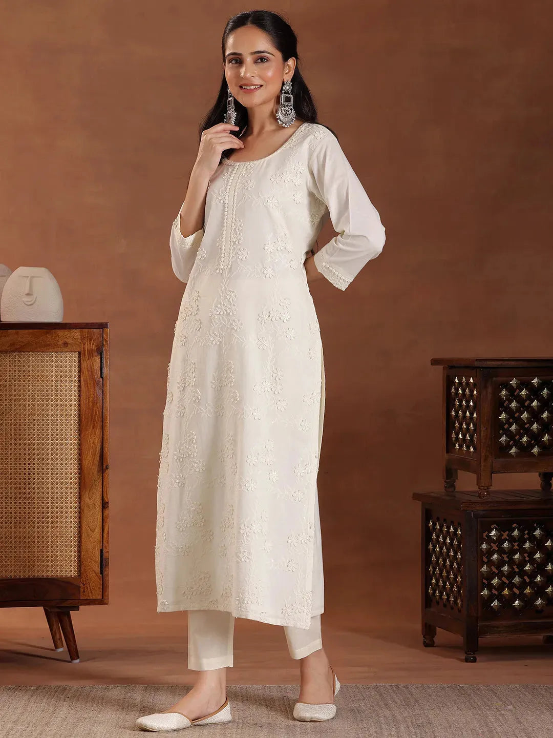 Libas Off White Embroidered Cotton Straight Suit With Dupatta