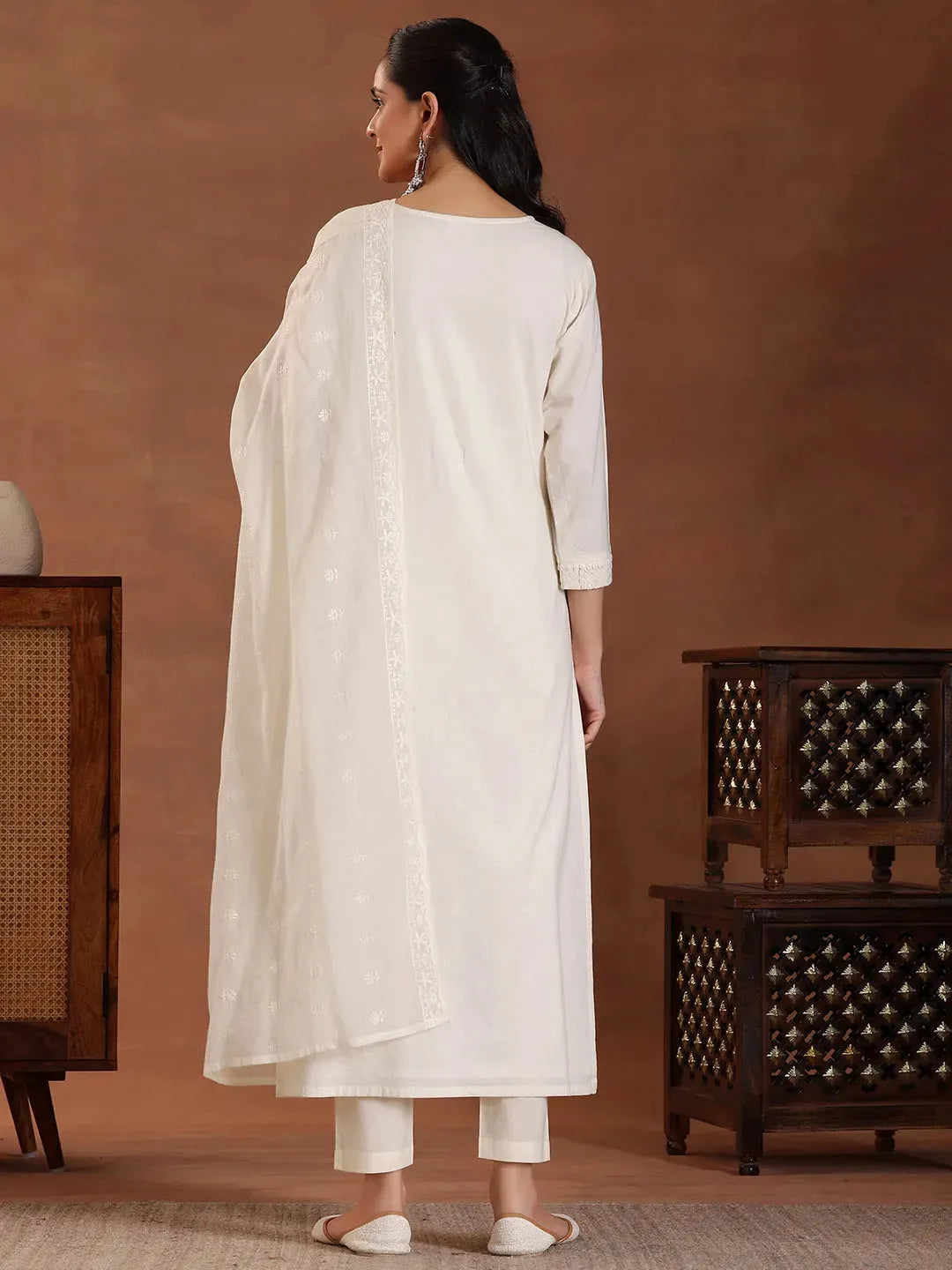 Libas Off White Embroidered Cotton Straight Suit With Dupatta