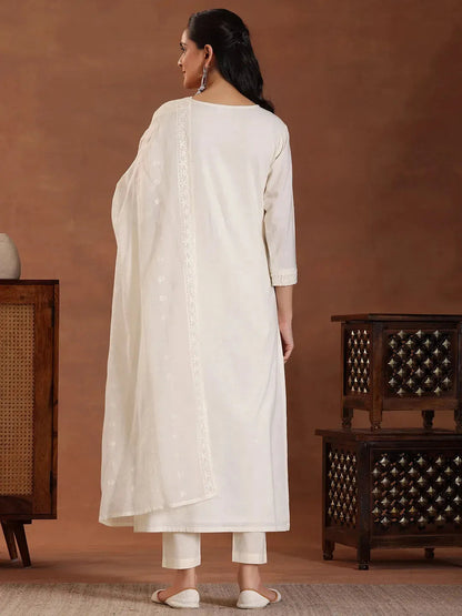 Libas Off White Embroidered Cotton Straight Suit With Dupatta