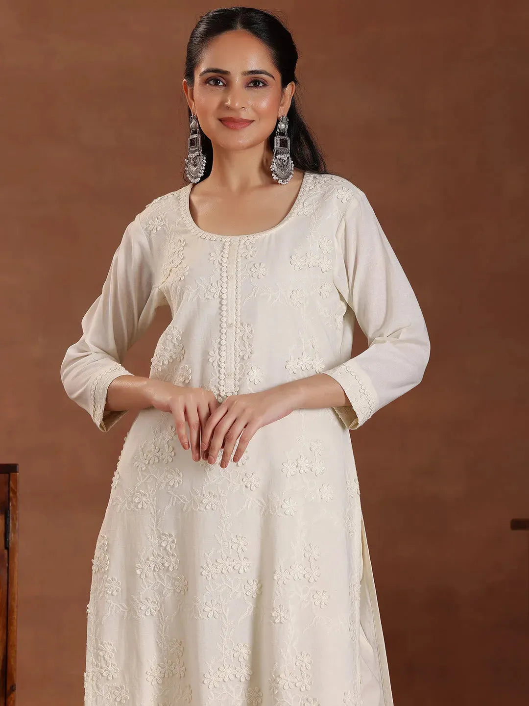 Libas Off White Embroidered Cotton Straight Suit With Dupatta