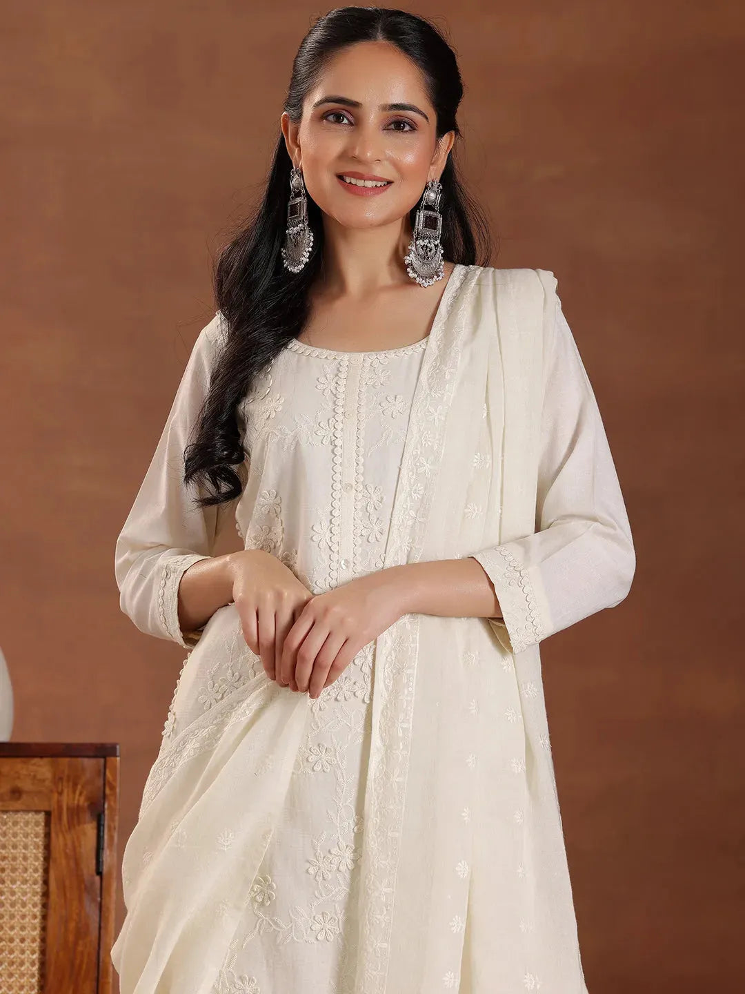 Libas Off White Embroidered Cotton Straight Suit With Dupatta