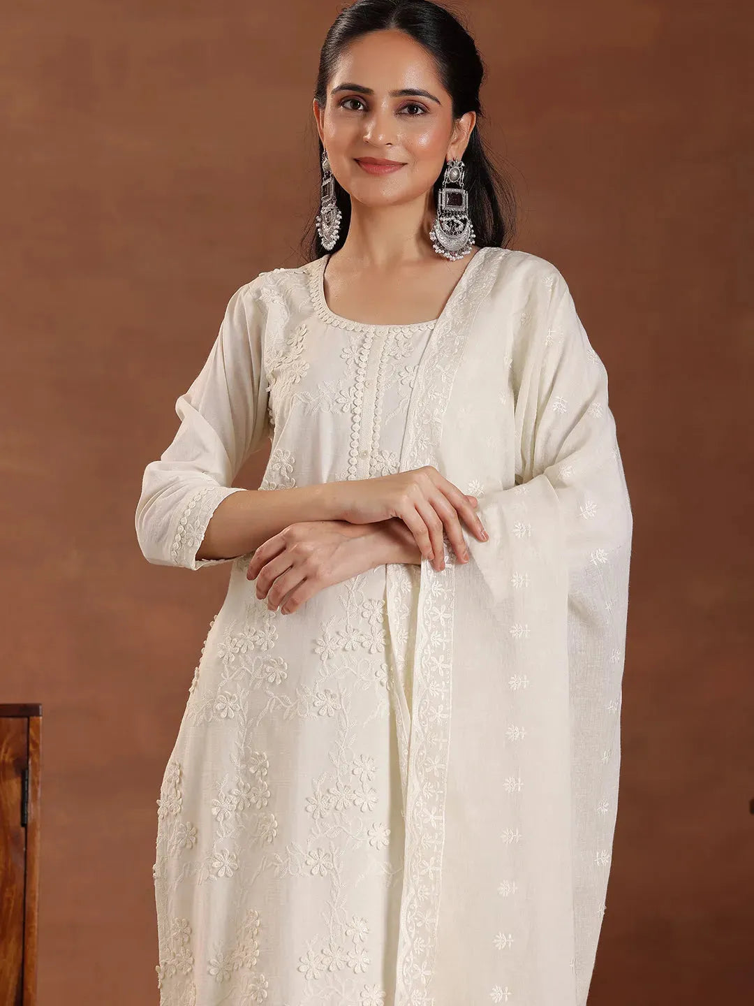 Libas Off White Embroidered Cotton Straight Suit With Dupatta
