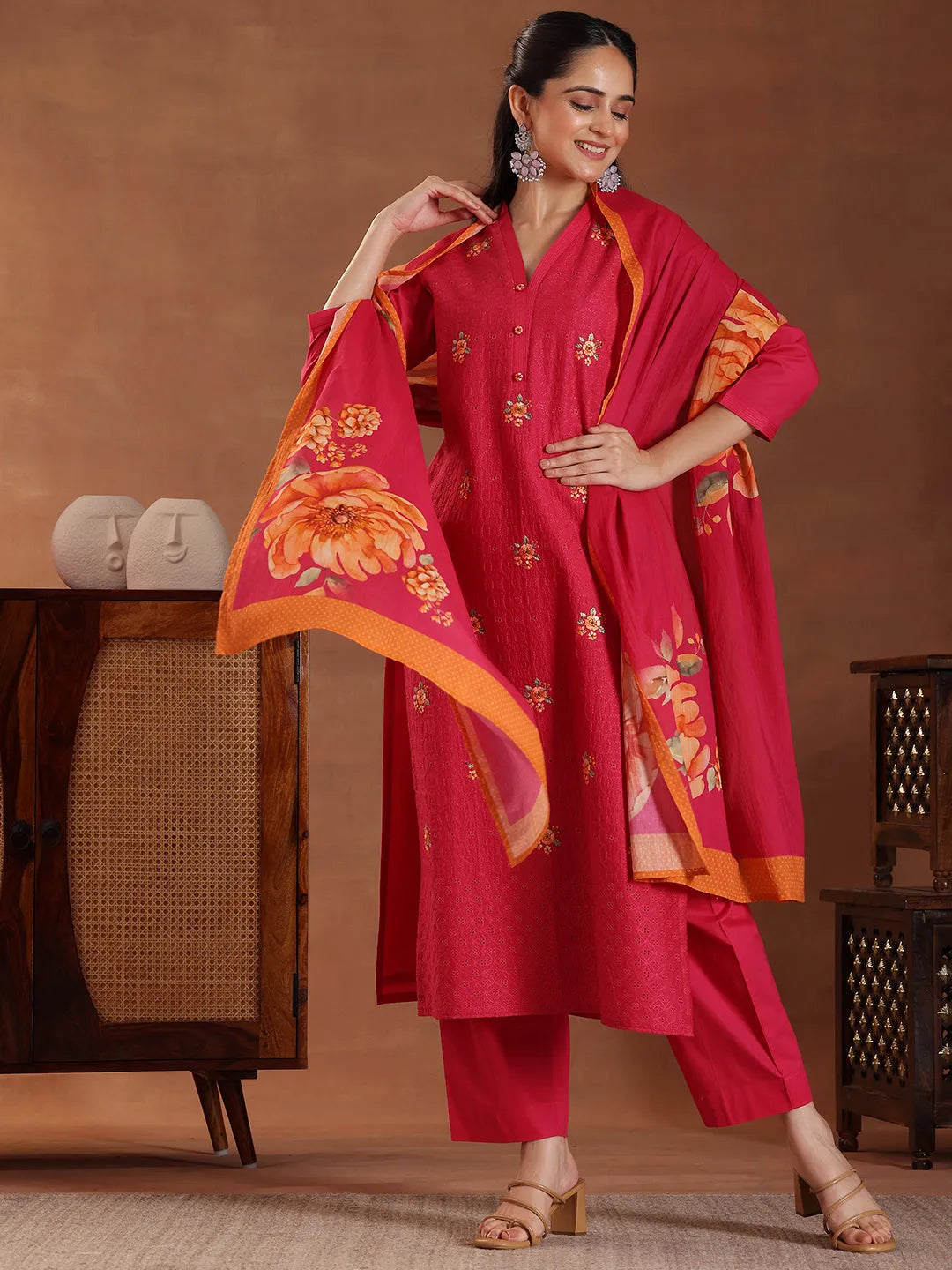 Libas Pink Embroidered Cotton Straight Suit With Dupatta
