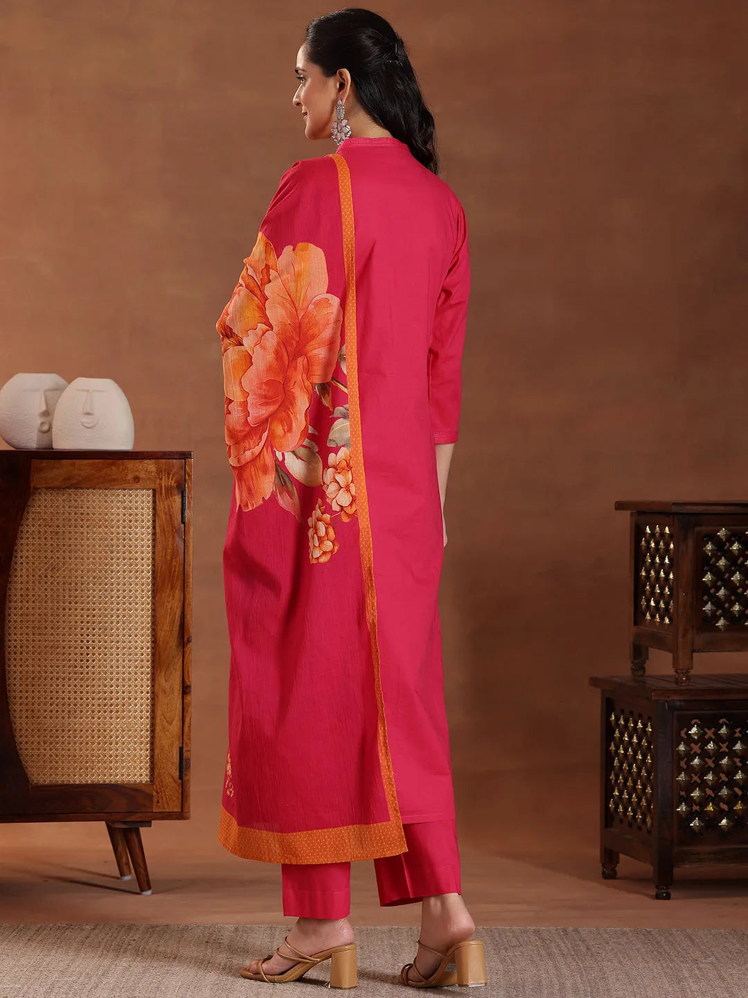 Libas Pink Embroidered Cotton Straight Suit With Dupatta