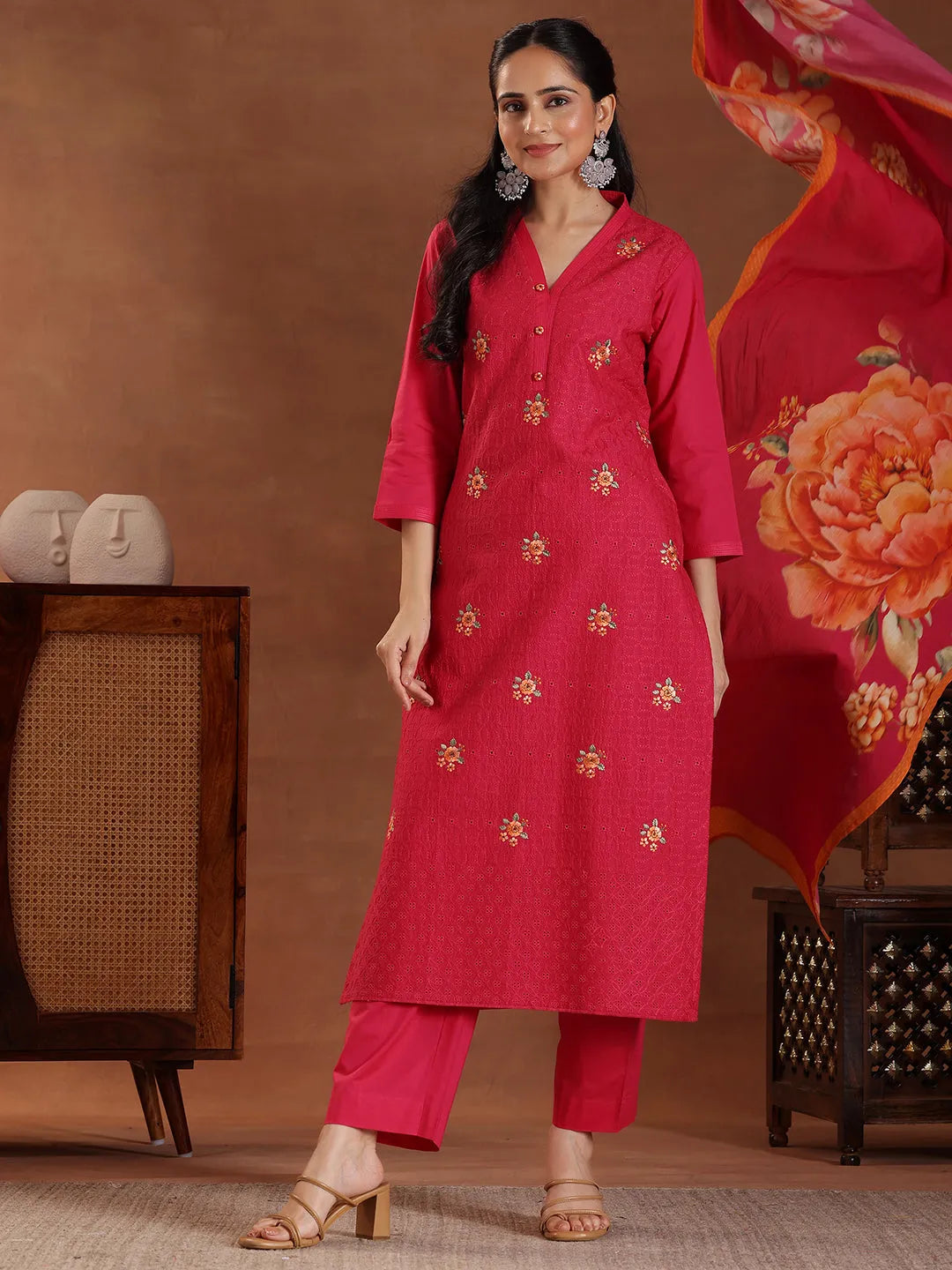 Libas Pink Embroidered Cotton Straight Suit With Dupatta