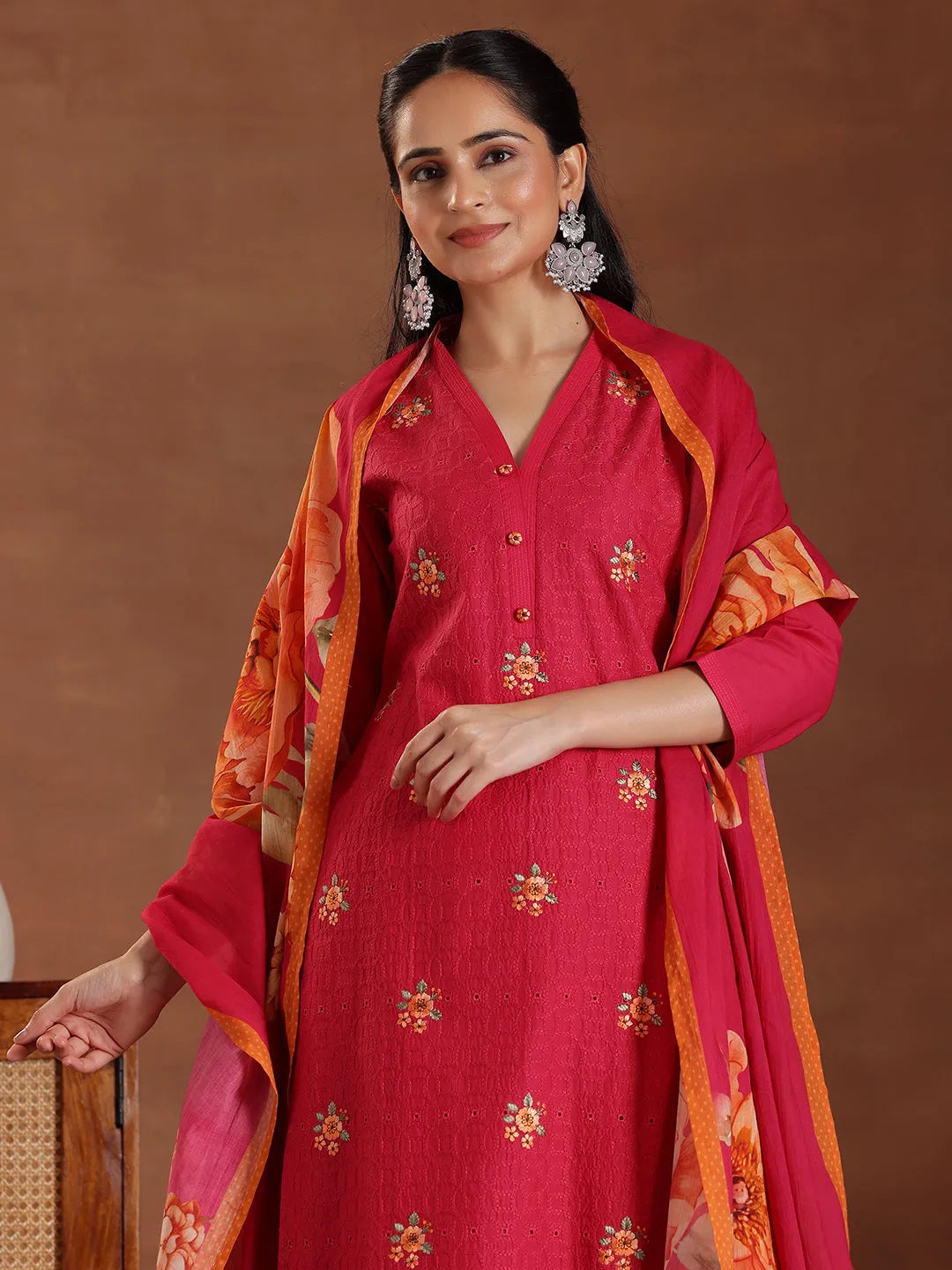 Libas Pink Embroidered Cotton Straight Suit With Dupatta