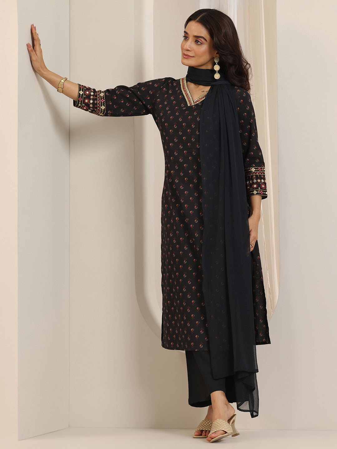 Libas Black Printed Cotton Straight Suit Set With Dupatta