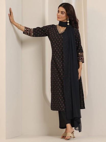 Libas Black Printed Cotton Straight Suit Set With Dupatta