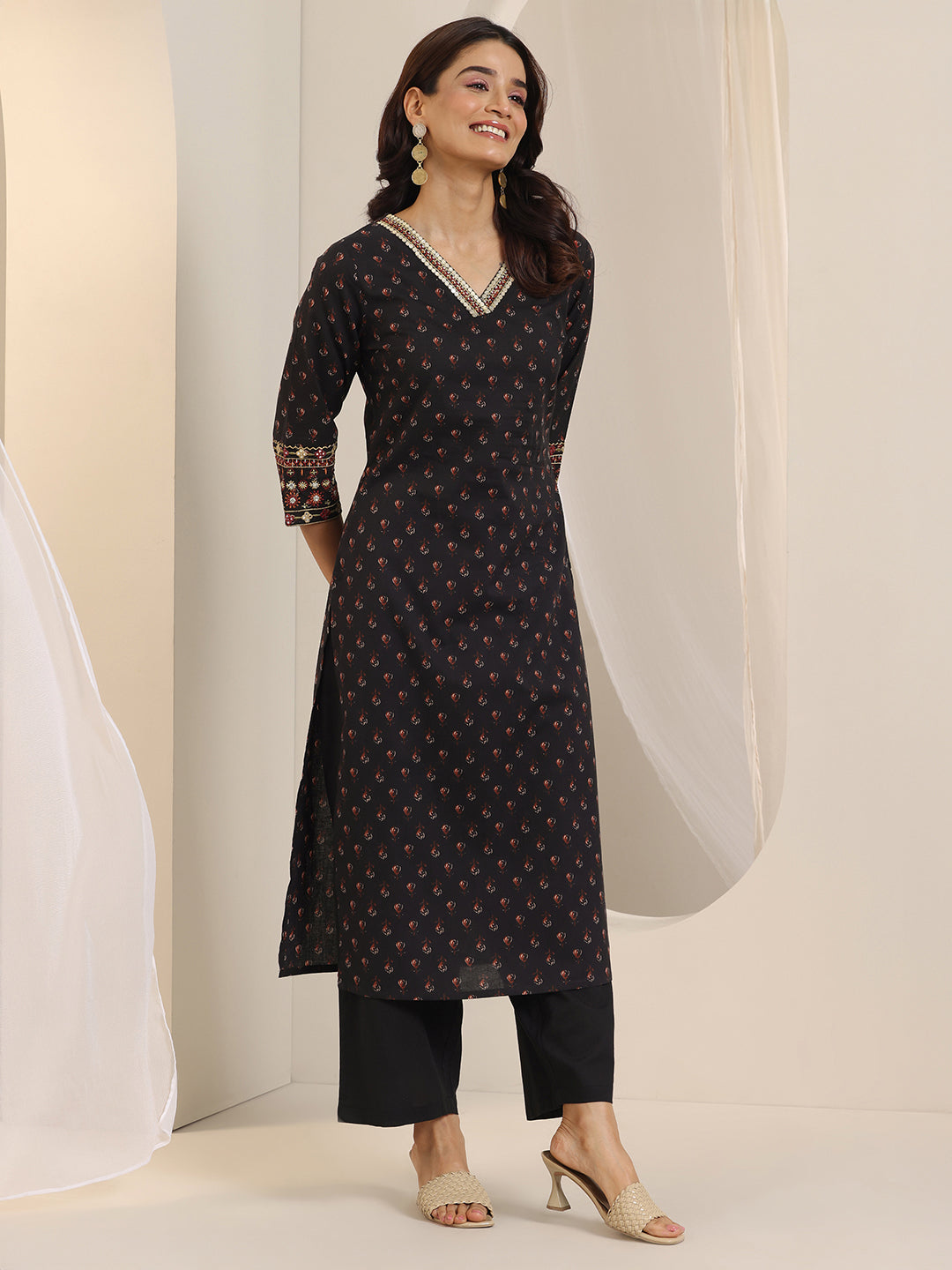 Libas Black Printed Cotton Straight Suit Set With Dupatta