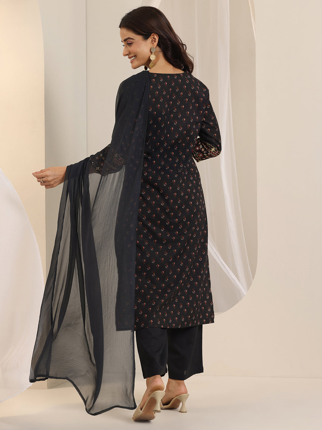 Libas Black Printed Cotton Straight Suit Set With Dupatta