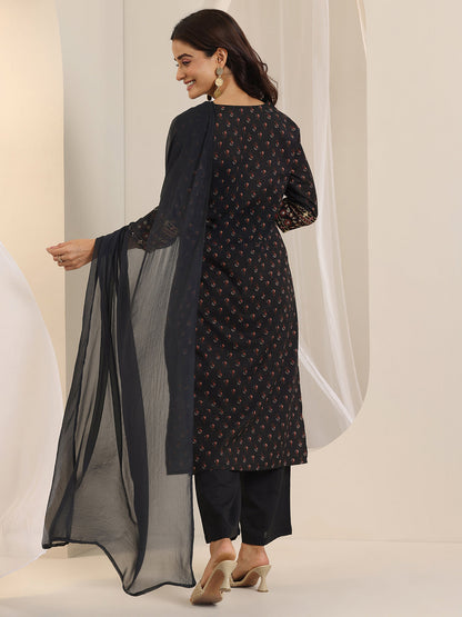 Libas Black Printed Cotton Straight Suit Set With Dupatta