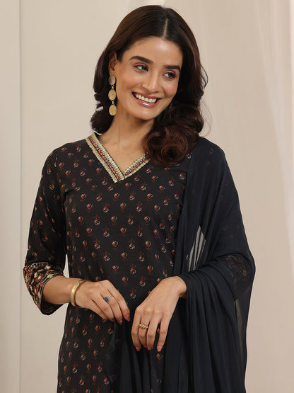Libas Black Printed Cotton Straight Suit Set With Dupatta