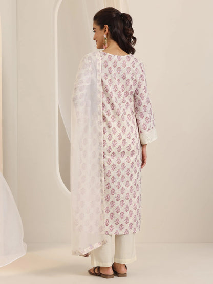 Libas Off White Printed Cotton Straight Suit Set With Dupatta