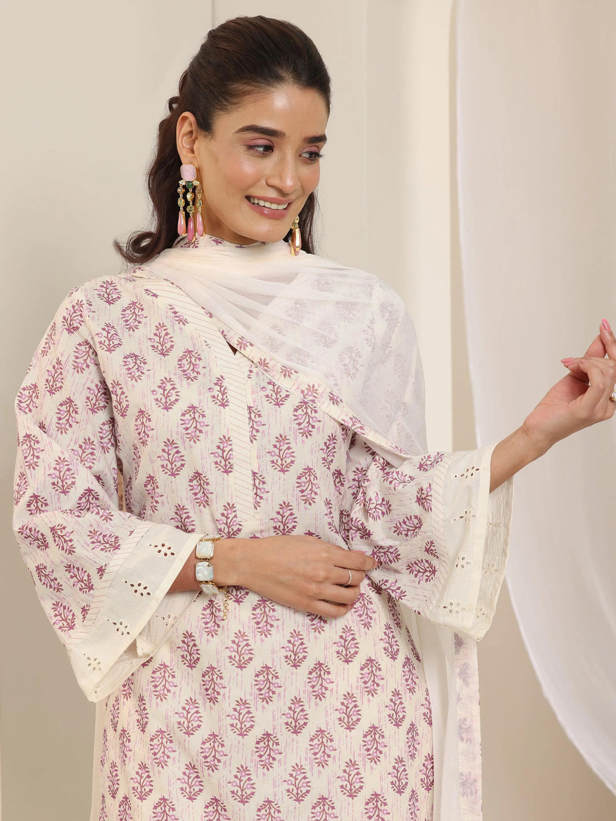 Libas Off White Printed Cotton Straight Suit Set With Dupatta