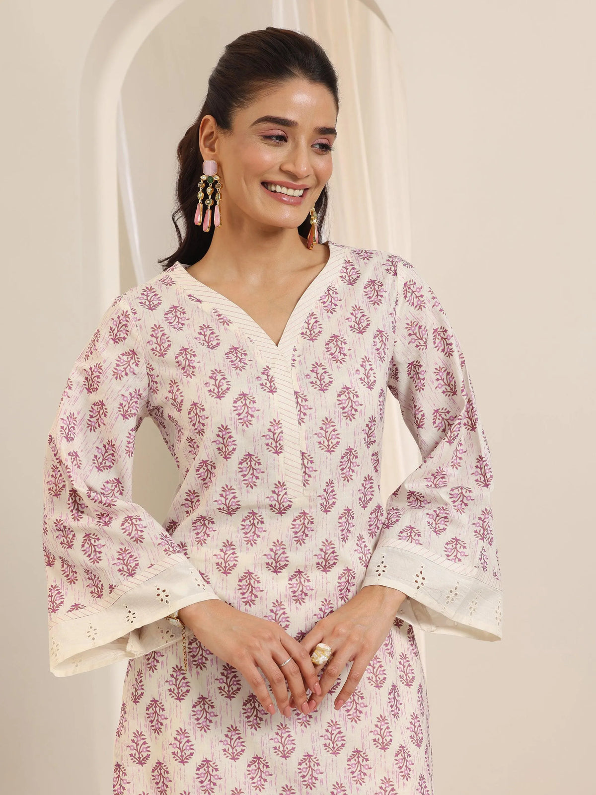 Libas Off White Printed Cotton Straight Suit Set With Dupatta