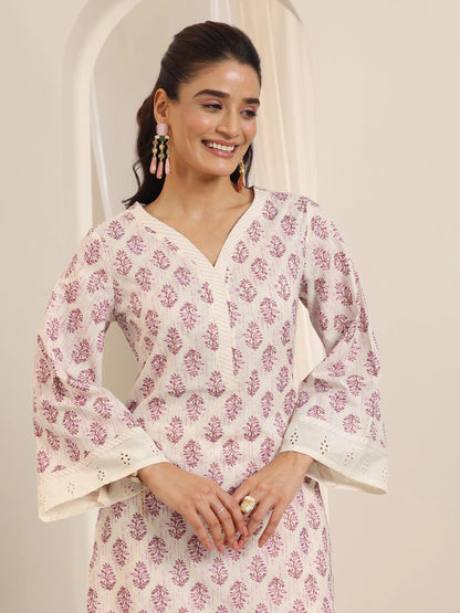 Libas Off White Printed Cotton Straight Suit Set With Dupatta