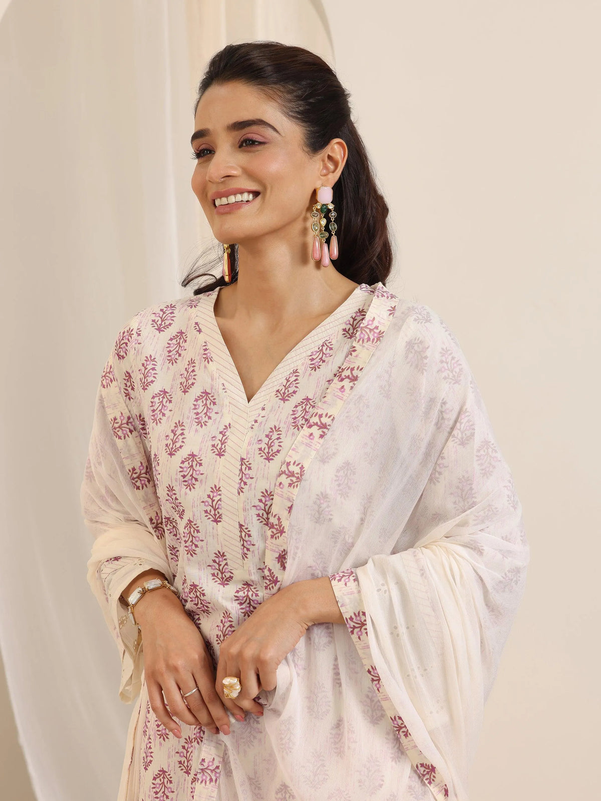Libas Off White Printed Cotton Straight Suit Set With Dupatta