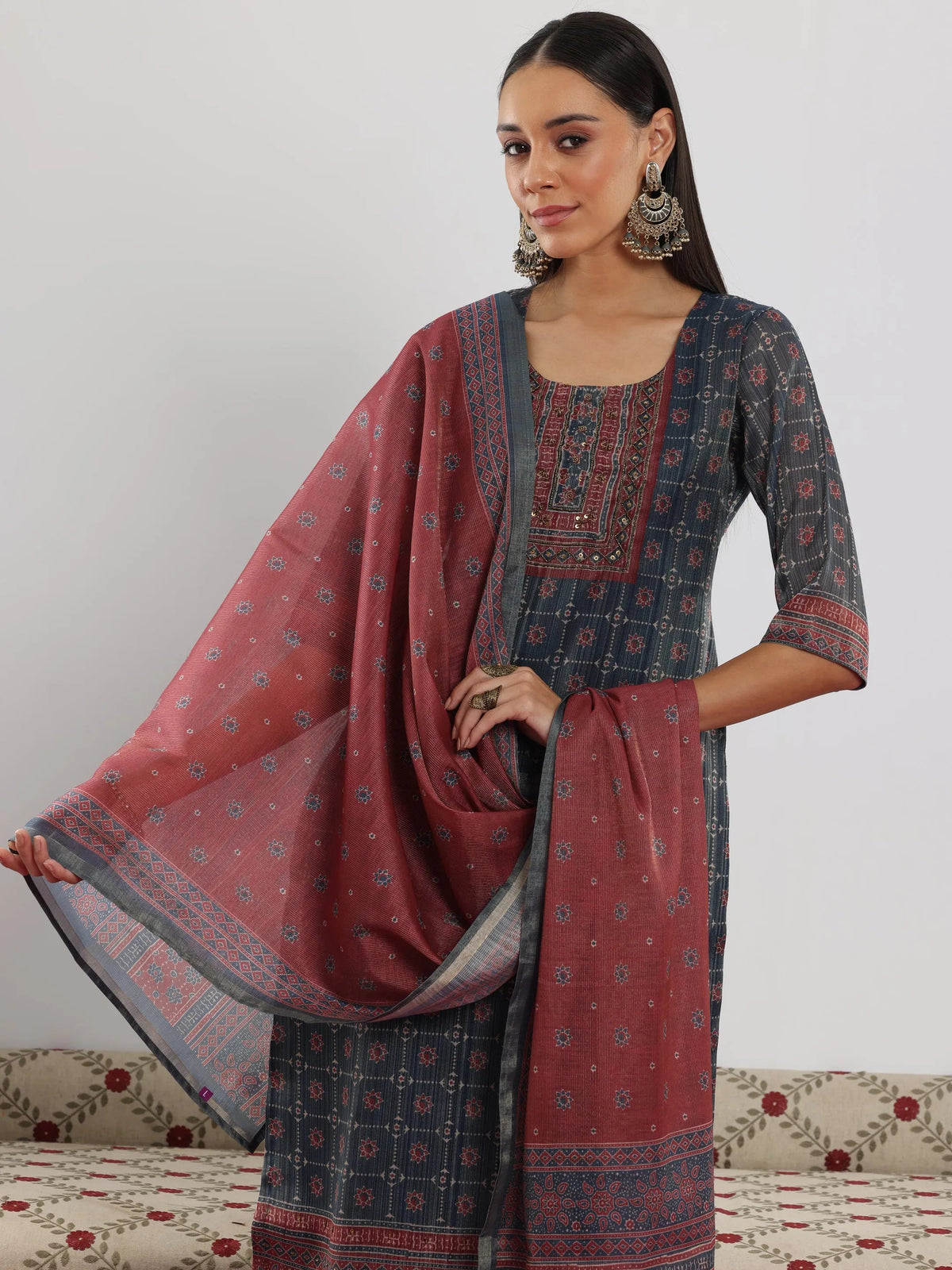 Libas Blue Printed Silk Blend Straight Suit With Dupatta