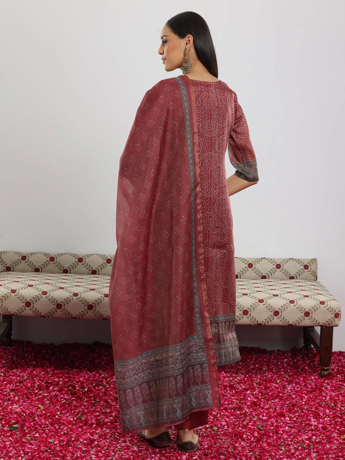 Libas Maroon Printed Silk Blend Straight Suit With Dupatta