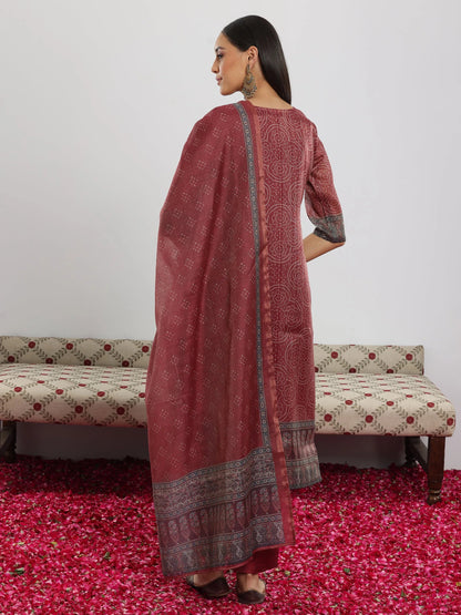 Libas Maroon Printed Silk Blend Straight Suit With Dupatta