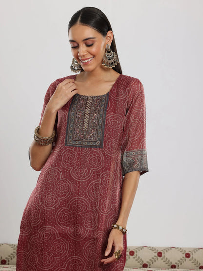 Libas Maroon Printed Silk Blend Straight Suit With Dupatta