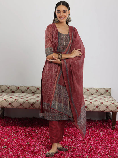 Libas Maroon Printed Silk Blend Straight Suit With Dupatta