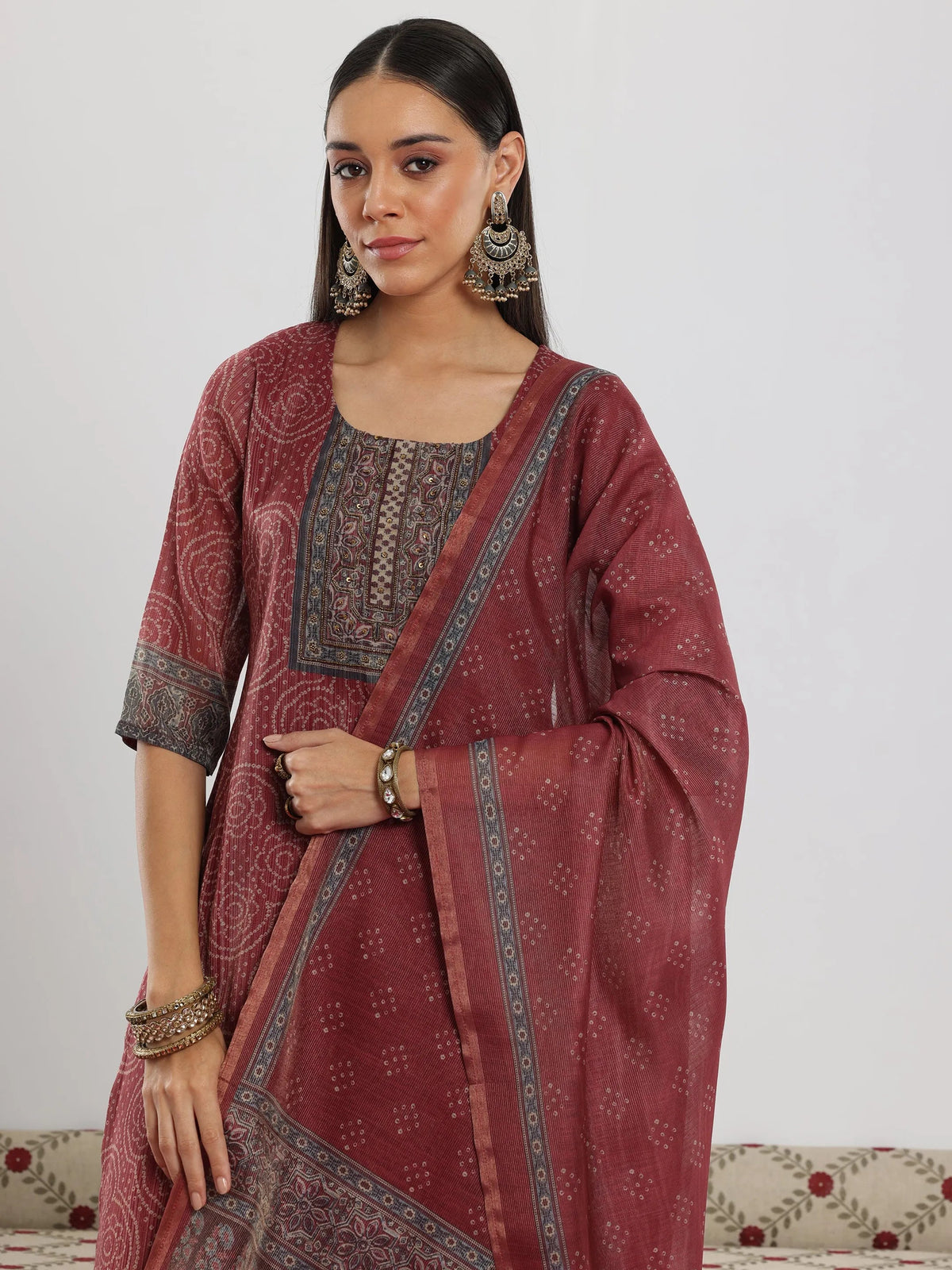 Libas Maroon Printed Silk Blend Straight Suit With Dupatta